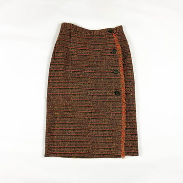 1970s Orange Boucle Textured Wrap Skirt / Fringe / Blanket Skirt / Mustard / 27 Waist / Neutrals / Wool / Small / Boho / Fall / Preppy 