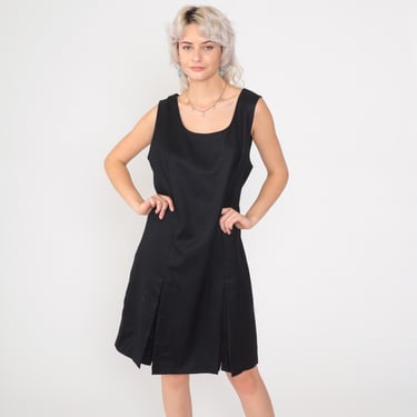 Vintage Black Shift Dress 90s Worsted Wool Pleated Mini Dress Scoop Neck Plain Sleeveless Classic Simple Cocktail Party Dress 1990s Large 12 