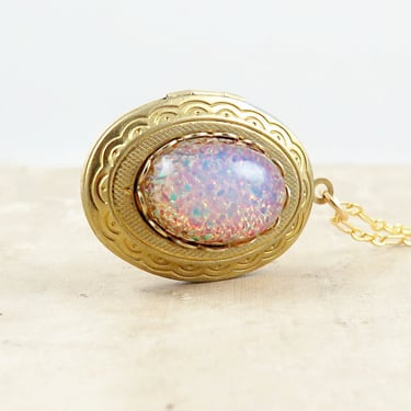 Pink Fire Opal Locket Necklace, Harlequin Opal Pendant, October Birthstone Gift, Photo Locket 