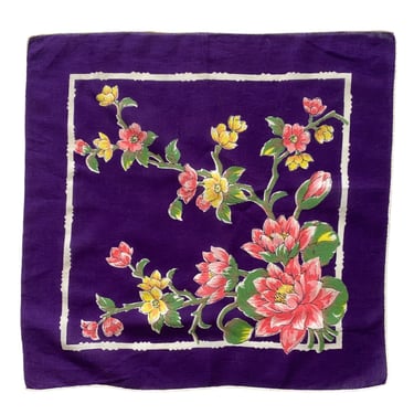 Vintage purple hankie with pink water lilies. A collectible cotton hand rolled handkerchief w/ corner floral bouquet. Sewing craft fabric 