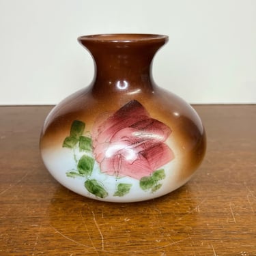 Antique Fostoria Milk Glass Hand Painted Bulbous Flower Vase Floral Design 