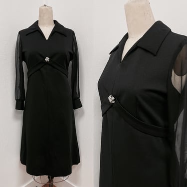 1960s Black A Line Dress with Sheer Long Sleeves & Silver Rhinestone Brooch by Better Hall XL | Vintage, 1970s, Glamour, Cocktail Dress 