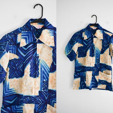 1960s/70s Sears Blue and Beige Hawaiian Shirt 