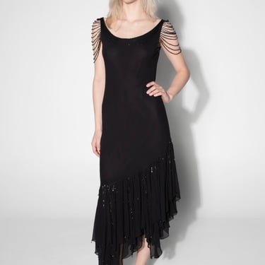 Lillie Rubin Black Silk Beaded Fringe Hem Dress