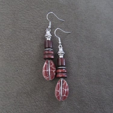 Giraffe print painted cowrie shell earrings, silver 