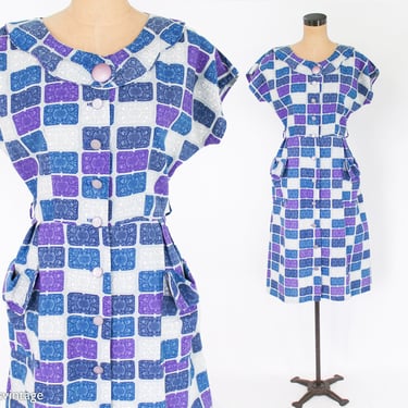 1950s Blue Cotton Day Dress | 50s Blue & Purple Squares Dress | Loralyn | Medium 