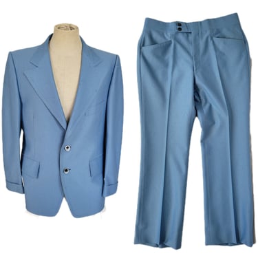 1970's Baby Blue Poly 2 Pc Suit Leisure Suit I Coat I Blazer I Pants I Sz 40