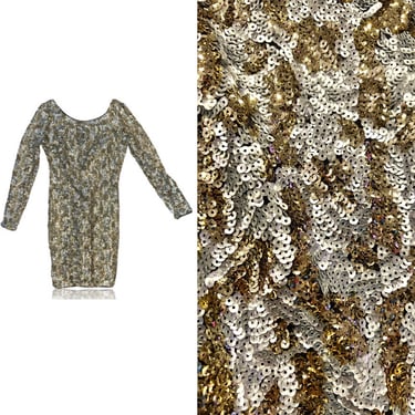 90s Gold & Silver Sequin Cocktail Dress Long Sleeve // GB //  New Years Eve Party // Size Small 