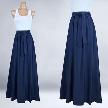 VINTAGE 70s Navy Blue Belted Maxi Skirt by Ship n' Shore size 12 | 1970s Qiana Nylon Long Skirt | VFG 