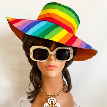 10# Rainbow Stripe Pride Festival • Vintage Fabric Floppy Hat • Vibrant Colorful Hippie Boho LGBTQ Gay Pride Parade / Beach Pool Sun Cap • by elliemayhems