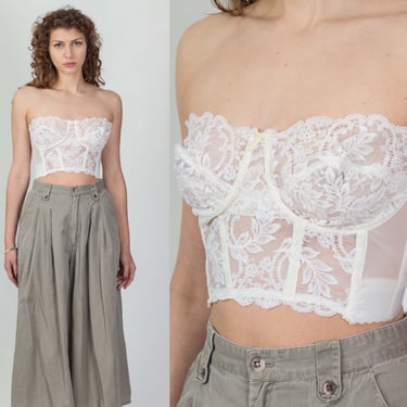 Vintage Sheer White Lace Bustier - 36D | 80s Strapless Retro