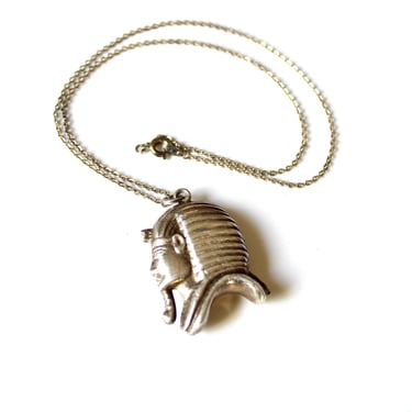 Vintage Egyptian Pharaoh Pendant Necklace - Silver 1960s Costume Jewelry 