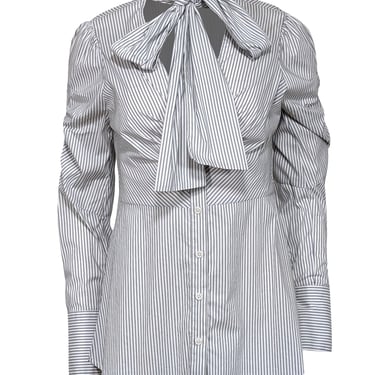 BCBG Max Azria - White & Grey Striped Button Up Shirt w/ Front Tie Sz S