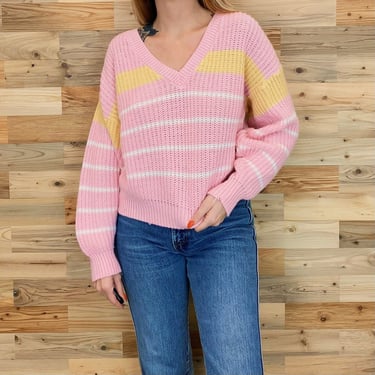 Striped Vintage Slouchy Pink Yellow White Knit V-Neck Pullover Sweater Top 