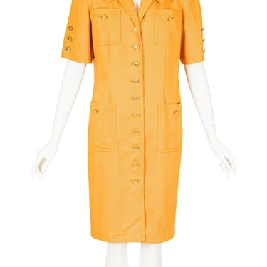 Céline 1990s Vintage Mustard Yellow Cotton Denim Button-Up Dress 