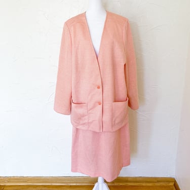 70s Two Piece Set Orange Cream Houndstooth Pattern Blazer and Skirt | 1X/2X 