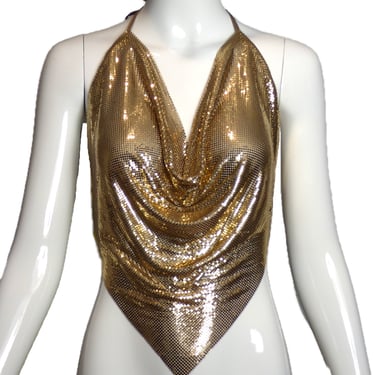 1980s Gold Metal Mesh Halter Top, Size-Small