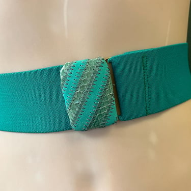 1980s teal elastic stretch belt snakeskin buckle waspie plus size XL 1X 