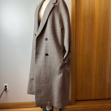 Y2K Long wooly Overcoat neutral colors tweed houndstooth micro plaid  Winter warm~ Retro 60’s inspired double breasted/ Size M 