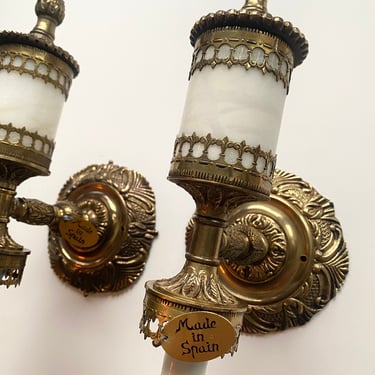 Set of 2 Brass & Marble Ornate Light Wall Sconces - Made in Spain 