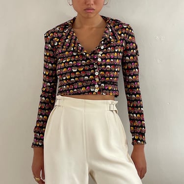 70s novelty blouse / vintage lightweight wool jersey knit gardening novelty cropped jacket blouse / flower pot blouse | Small 