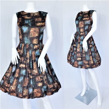 1960's Brown Turquoise Nylon Abstract Print Dress I Sz Med I Judy Jetson I Mrs Maisel I Mad Men 