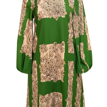 Lela Rose - Green w/ Beige & Black Floral Print Long Sleeve Shift Dress Sz 6