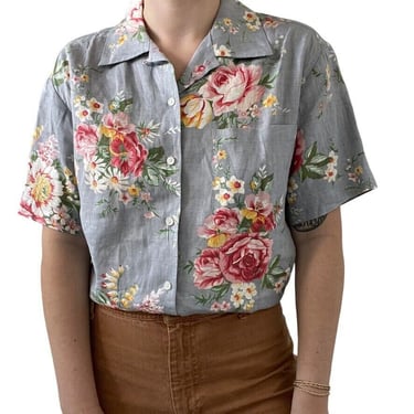 Vintage 90s Womens Ralph Lauren Linen Floral Gray Button Down Short Sleeve Tee 