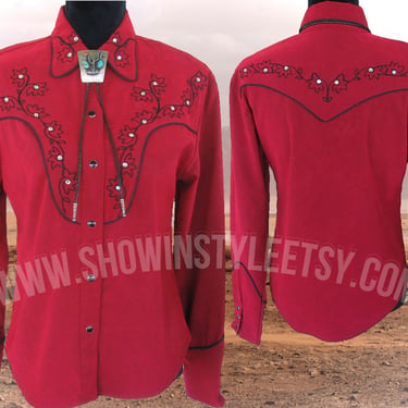 Western Collection Styles, Vintage Retro Western Women's Cowgirl Shirt, Burgundy, Embroidery &amp; Rhinestones, Tag Size Small (see meas. photo) 