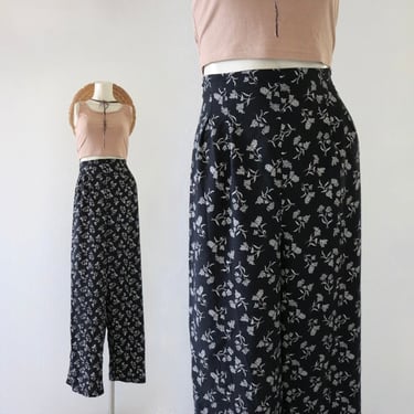 high waist botanical trousers 30-36 - vintage 90s y2k black floral high waisted soft rayon cute cottage core spring summer medium pants 