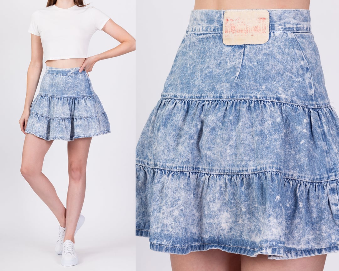 80s Bongo Acid Wash Tiered Denim Mini Skirt - Extra | Flying