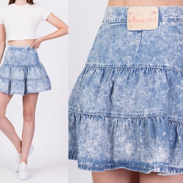 80s Bongo Acid Wash Tiered Denim Mini Skirt - Extra Small, 24.5