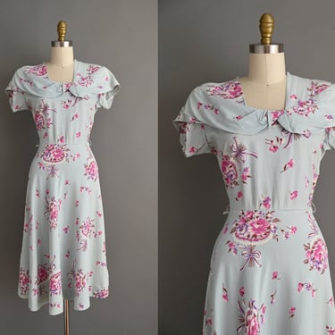 vintage 1940s Dress | Mint Blue Pink Floral Bow Ribbon Print Rayon Dress | Small 