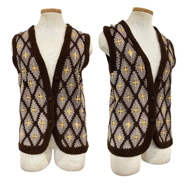 Vtg 70s 1970s Gray Suede Patchwork Knit Crochet Funky Academic Granny Vest 