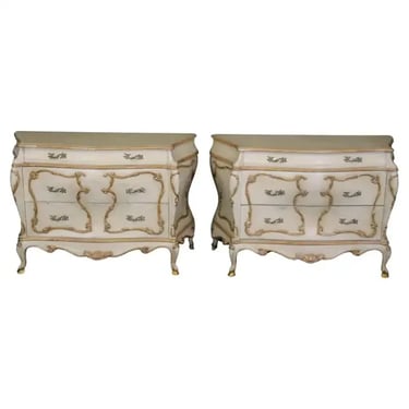 Gorgeous Pair of Antique White and Gold Paint Decorated Commodes