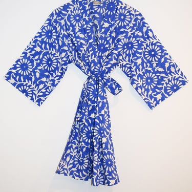 Block Print Kimono Robe, India Wood Block, Lightweight Cotton Bathrobe, Short Dressing Gown, Travel Robe, Geometric Floral, Royal Blue Robe 