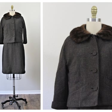 Vintage 50's 1960s DAVIDOW Irish woven Wool Dark Brown Real MINK Fur Collar Jacket Dress Skirt Suit Jackie O' // Modern US  2 4 