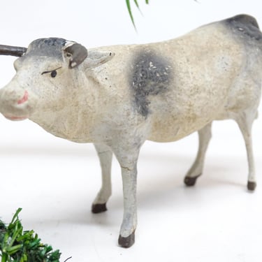 Antique 1930's German Cow with Horns, for Christmas Putz Nativity Creche, Vintage Retro Decor, Vintage Bull Toy Stick Legs 