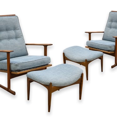 Pair of Kofod Larsen for Selig Blue Tufted Fabric Sled Chairs with Ottomans 