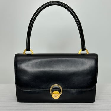 Hermès Vintage Black Box Calf Leather Flap Front Gold Ring Hand Bag GH 1950s