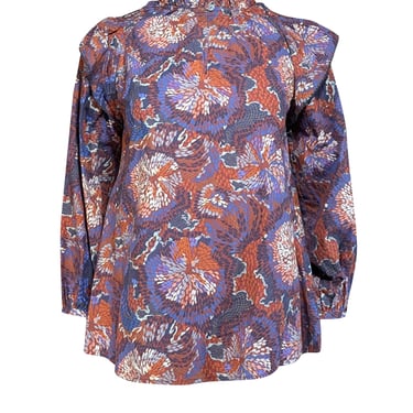 Chufy - Blue, Violet, & Rust Orange Print Cotton Blouse Sz S