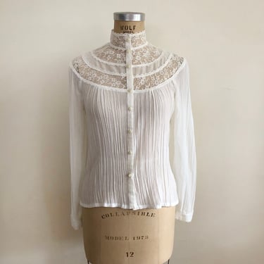 Long-Sleeved White Gunne Sax Blouse with Lace Yoke - 1970s 