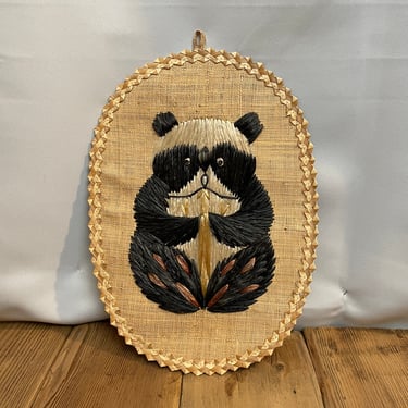 Panda Bear Wall Hanging vintage rattan bamboo embroidered picture 70s 
