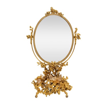 Claude Victor Boeltz Rare Vanity Mirror in Gold with Rock Crystals 1983 (Signed)