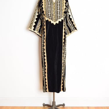 vintage Moroccan dress caftan black velvet metallic gold hippie boho maxi M clothing 