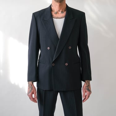 Vintage 80s CONTE di B for Roger Stuart Black Shadow Striped Double Breasted Suit | Made in Switzerland | 100% Wool | 1980s Designer Suit 