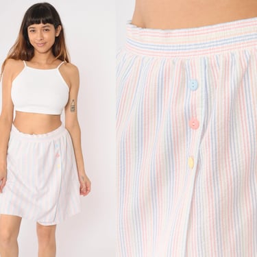 80s Seersucker Striped Skort White Pastel Rainbow Skirt Wrap Button Up Skirt High Waist Mini Straight Skirt Preppy Vintage 1980s Medium 