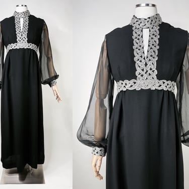 1970s Black Chiffon & Silver Metallic Long Sheer Bubble Sleeve dress S/M | Vintage, Medieval, Macbeth, Medusa, Goddess, Egyptian, Halloween 