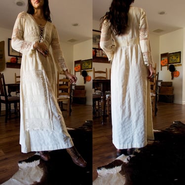 Vintage 70’s No Brand Cream Lace Tapestry Detail Prairie Dress 