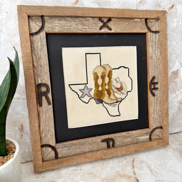 Texas Art, Vintage Embroidery Wall Art, Cowboy Boot, Cross Stitch, Hand Stitched, Rustic Wood Frame, Artist Signed, 1992 